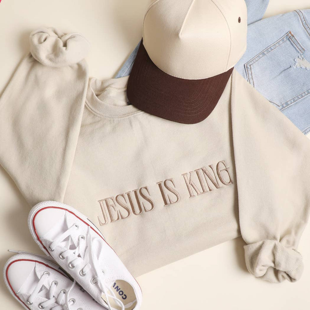 JESUS IS KING Embroidered Heavyweight Sweatshirt: INDIGO BLUE / S