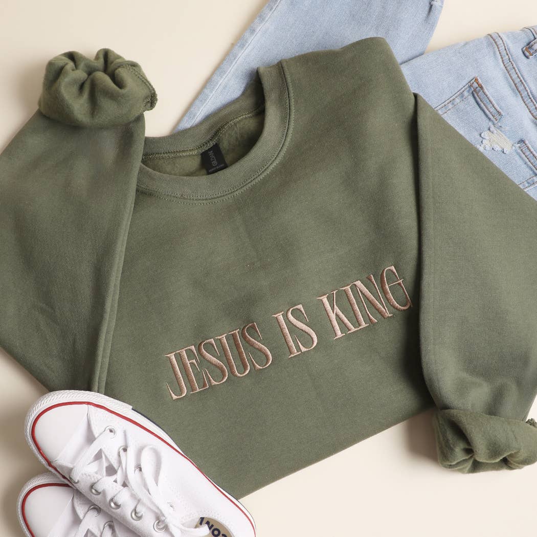 JESUS IS KING Embroidered Heavyweight Sweatshirt: INDIGO BLUE / S