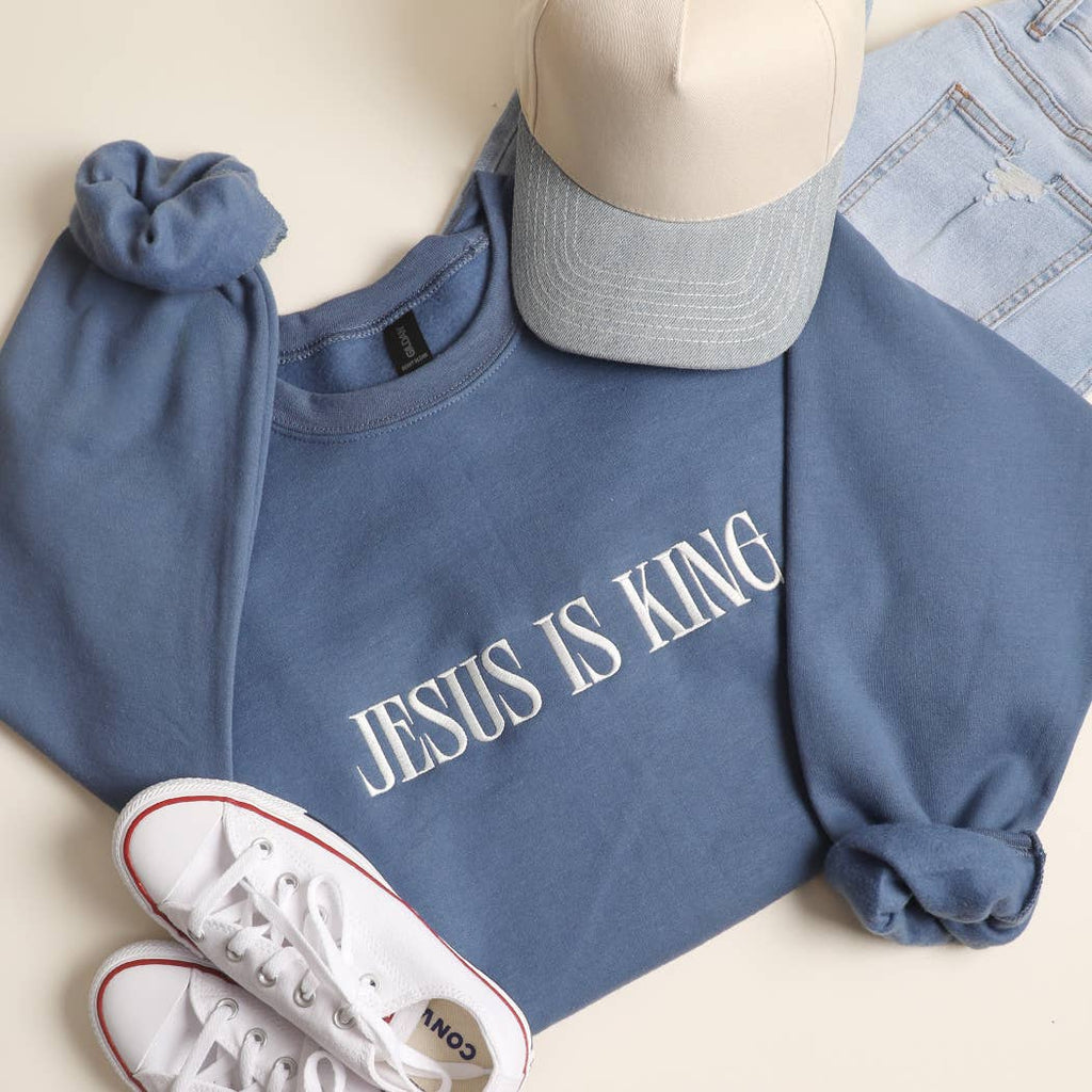 JESUS IS KING Embroidered Heavyweight Sweatshirt: INDIGO BLUE / S